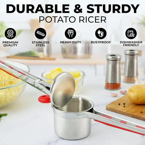 Miniatura 5 de Zulay Kitchen Premium Grande Ricer de Patatas de 15oz, Herramienta de Cocina Profesional de Acero Inoxidable Pesado Triturador y Ricer de Patatas
