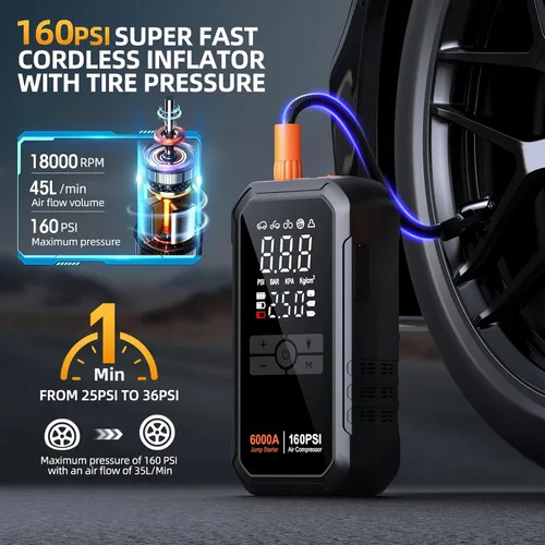 Miniatura 3 de Iniciador de 10 en 1 con compresor de aire 6000A 26800mAh 160PSI Iniciador de batería de coche portátil (todo gas/12L diésel), caja de arranque