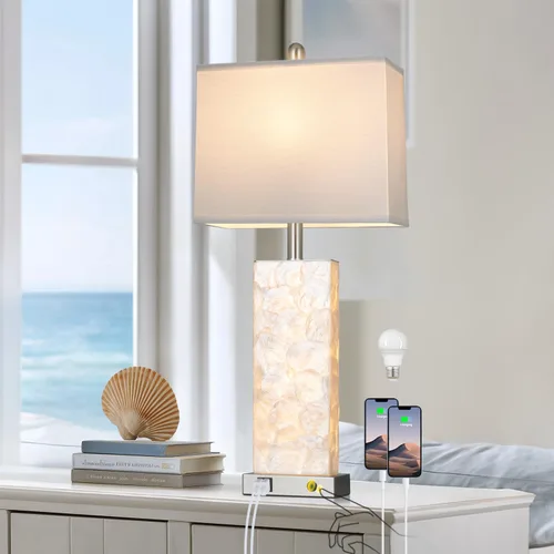 Lámparas de mesa costeras de 28 pulgadas para sala de estar, lámparas de noche con luz nocturna, puertos USB A+C, moderna concha de mar para
