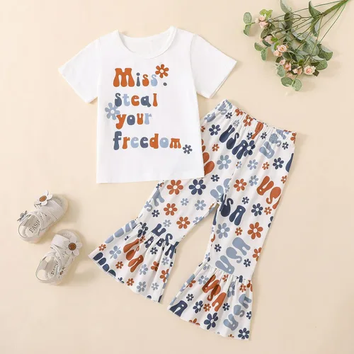 Miniatura 45 de Eadrioss Ropa para bebé niña pequeña, traje de campana de manga corta, camisa de flores para niños, pantalones florales acampanados, ropa de verano