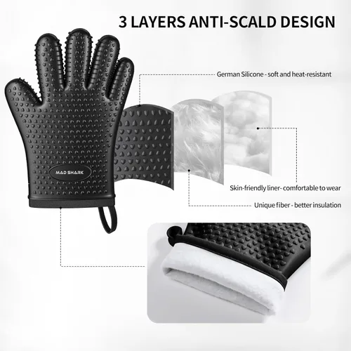 Miniatura 3 de MAD SHARK Manoplas de horno de silicona resistentes al calor de 450 grados, guantes de horno impermeables y antideslizantes con dedos, guantes