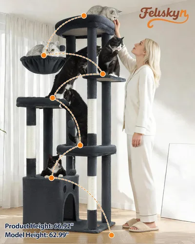 Miniatura 7 de Torre de árbol para gatos de varios niveles para gatos de interior, torre de escalada XL de 67 pulgadas de alto con 3 plataformas grandes, postes