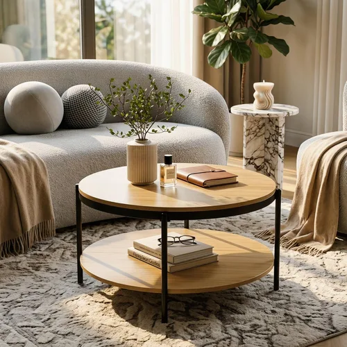 Miniatura 9 de Manora Mesa auxiliar redonda pequeña para sala de estar, mesa central moderna con almacenamiento de cesta de tela, bonita mesa circular