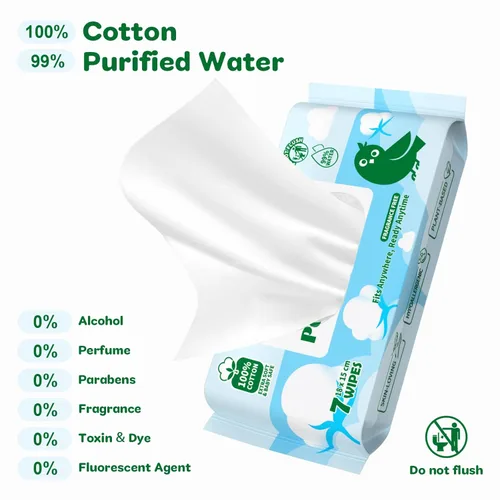 Miniatura 6 de Toallitas de viaje 100% algodón para pieles sensibles, 99% agua purificada hipoalergénicas, toallitas húmedas sin perfume, esenciales de viaje, 56