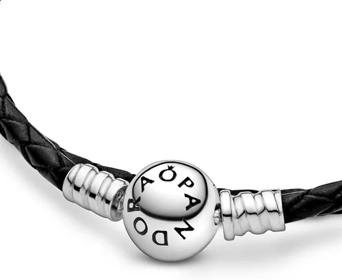 Miniatura 4 de PANDORA Pulsera de plata de ley con colgante de cuero negro
