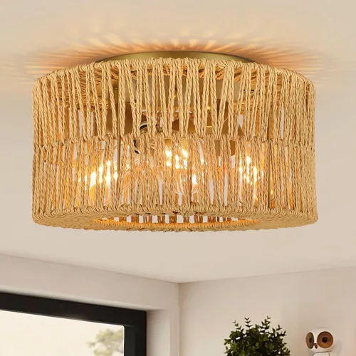 Miniatura 9 de Lámparas Bohemias de Techo con Montaje, Lámpara de Techo de Ratán Estilo Granja de 4 Luces, Lámpara de Techo Semi Empotrada con Pantalla Tejida a