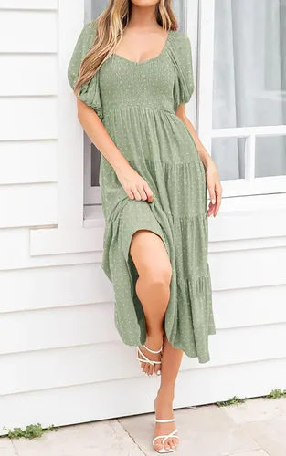 Miniatura 6 de PRETTYGARDEN Vestidos de primavera 2024 para mujer, manga abombada, cuello en V, punto suizo, cintura alta, vestido de gasa con escalones, vestidos