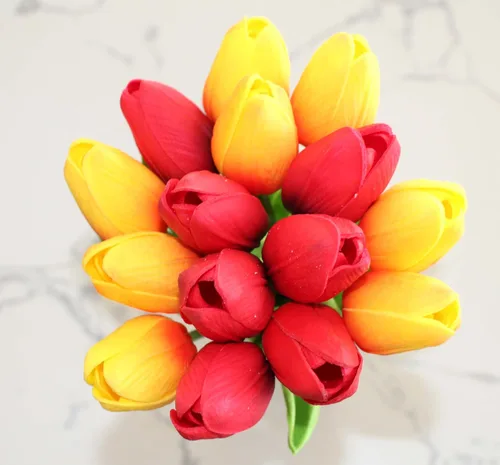 Ooki Paquete de tulipanes de látex multicolor de tacto real, 15 piezas, flores artificiales, para el hogar, boda, bebé, decoración de jardín, Rojo y