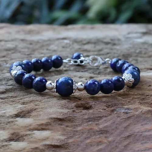 Miniatura 5 de NOVICA Lapislázuli Plata de ley 925 pulsera con abalorio, 7.75," "Deep floral
