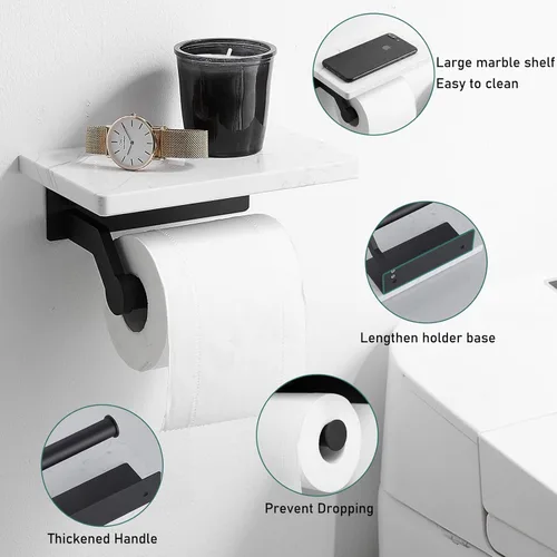 Miniatura 4 de Soporte de papel higiénico de aluminio negro mate Hoimpro con estante de mármol natural blanco, soporte de almacenamiento de rollo de papel de mano