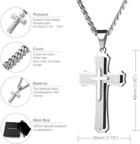 Miniatura 3 de WW Lifetime - Collar de cruz para hombres y niños, collar con colgante de cruz doble de acero inoxidable con cadena de eslabones cubanos de 24