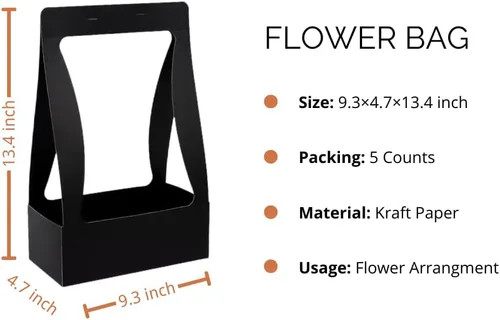 Miniatura 6 de BBJ WRAPS Bolsas de regalo de papel artesanal para ramo de flores, ramo de floristería, bolsa de embalaje con asa, 5 unidades (negro)