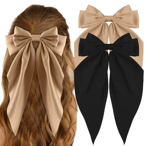 Miniatura 10 de ATODEN Lazos de Cabello de Satén Sedoso 2 Piezas Lazos Grandes para el Cabello para Mujeres Cintas para el Cabello de Cola Larga Extragrandes Lazo
