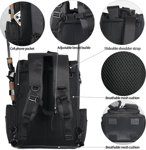 Miniatura 7 de Fishing Tackle Backpack With Rod Holders, Large 40L Fishing Backpack for Camping, Hiking