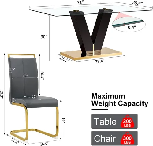 Miniatura 2 de Juego de mesa de comedor de vidrio de 71 pulgadas para 6, juego de 6 mesas de comedor, mesa de cocina moderna y 6 sillas de poliuretano, parte 6