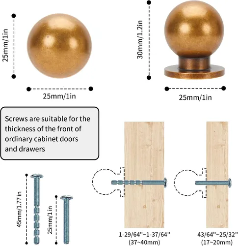 Miniatura 2 de Paquete de 10 pomos de gabinete de latón antiguo, pomos de bola de 1 pulgada (0.984 in) para muebles. Tiradores redondos de herrajes sólidos