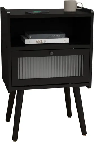 Mesita de noche moderna de mediados de siglo, mesa auxiliar con almacenamiento, mesitas de noche con puerta de cristal, mesa auxiliar con patas de