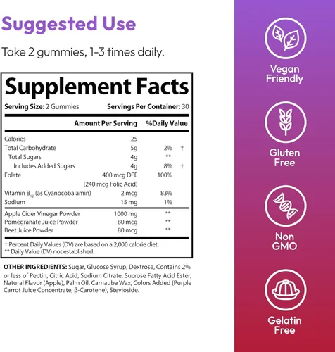 Miniatura 6 de Justified Laboratories Premier Keto ACV Gummies Extreme (2000 mg) – 60 unidades – Formuladas con vinagre de sidra de manzana, folato y vitamina B12