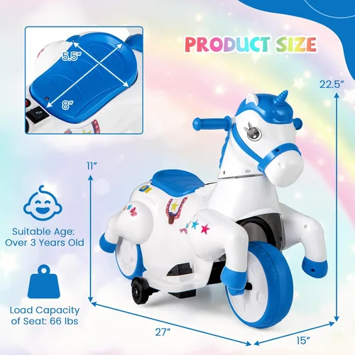 Miniatura 7 de HONEY JOY 12V Unicorn Ride en Juguetes, Caballo de Paseo Motorizado de 3 Ruedas con Batería, con Ruedas de Entrenamiento, Música, Subida y Bajada