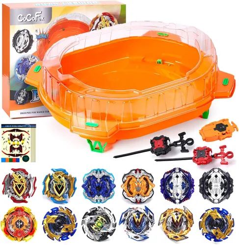 Miniatura 7 de COCOFOX Juego de Juguetes Battling Top Burst, 6 Battling Tops, 2 Lanzadores y 1 Estadio, Juguetes para Niños y Niñas de 6 Años en Adelante (Naranja)