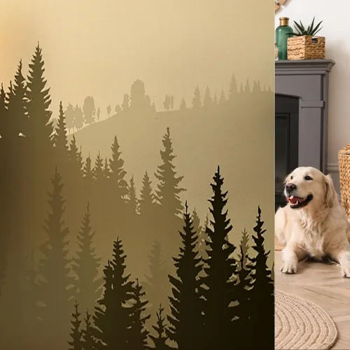Miniatura 18 de Película de vidrio esmerilado de pino para ventana, bosque de coníferas silvestres en la mañana, siluetas de árbol de niebla para decoración