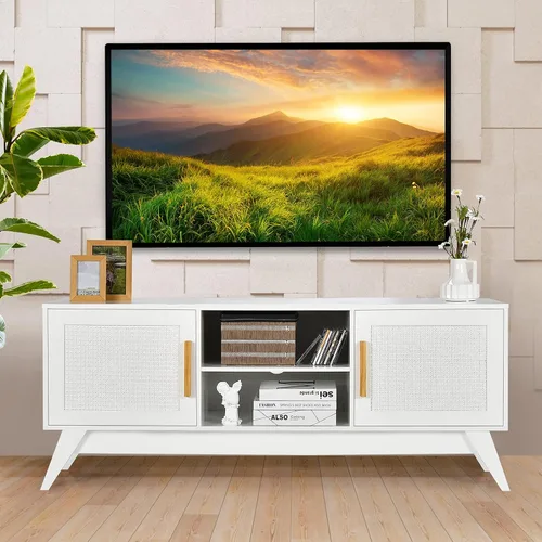 Miniatura 3 de Tangkula Soporte de TV de ratán para televisores de hasta 65 pulgadas, centro de entretenimiento, estante ajustable de 3 niveles, 2 gabinetes