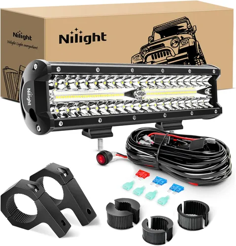 Miniatura 12 de Nilight Juego de barra de luz LED, 300 W, 300 W, triple fila de inundación de foco de trabajo, 2 piezas de 4 pulgadas 60 W triple fila LED con arnés