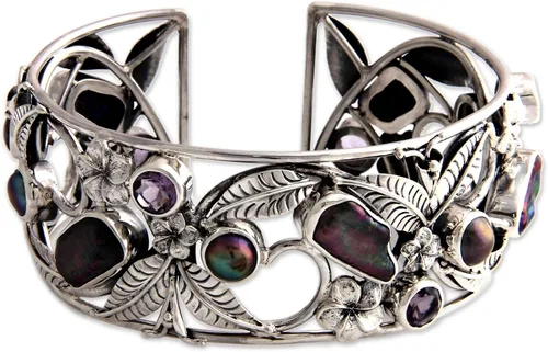 NOVICA Pulsera de flor de amatista de perlas cultivadas de agua dulce hecha a mano de plata de ley 925, piedra natal floral de Indonesia morado y