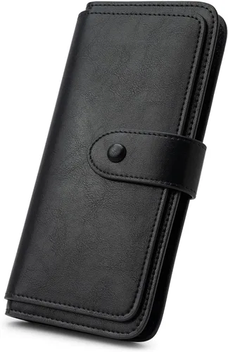 Cartera de cuero con bloqueo RFID para mujeres, diseño delgado de triple pliegue con 14 ranuras para tarjetas y bolsillo con cremallera, Negro,