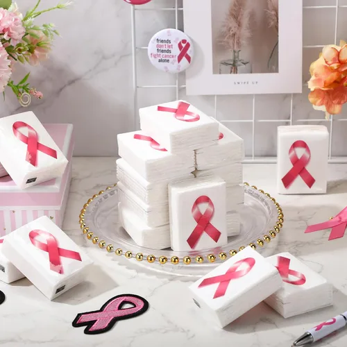 Miniatura 3 de Ireer 50 pañuelos de bolsillo de cinta rosa para concienciación sobre el cáncer de mama, papel de seda de viaje, pañuelo facial de viaje, mini Blanco
