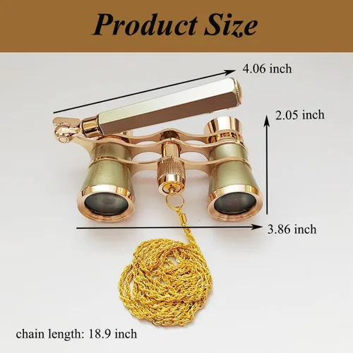 Miniatura 2 de Telescopio binocular de 3 × 25, mango plegable, compacto y ligero con cadena, gafas de ópera con mango para mujeres y niños (dorado)