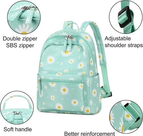 Miniatura 8 de LEDAOU Mini mochila para niñas, bonita mochila pequeña para mujeres, adolescentes, niños, escuela, viajes, bolso de hombro, Margarita blanca verde