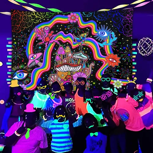 Miniatura 4 de NiYoung Tapiz Trippy para colgar en la pared, luz negra, arco iris, flores coloridas, ojos, estrellas, plantas mágicas, neón reactivo a los rayos