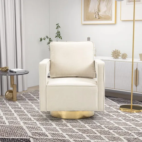 Miniatura 3 de Betoko Silla giratoria con diseño de barril, moderno sillón con respaldo abierto con base de metal dorado, silla tapizada de felpilla con almohada