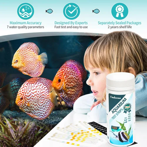 Miniatura 5 de Umlecoa Kit de prueba de acuario 7 en 1 para agua dulce y salada - 125 tiras de prueba de acuario con tubo de ensayo y termómetro - Tiras de prueba