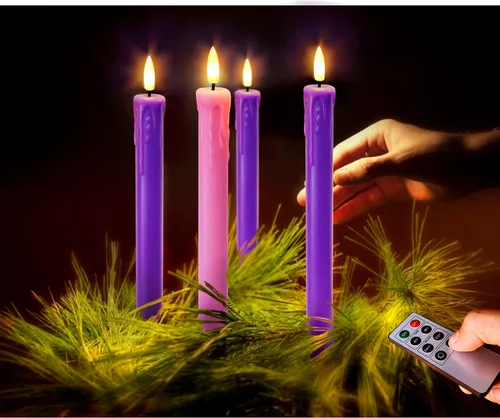 Miniatura 9 de Juego de 4 Luces de Velas LED de Navidad, Velas Cónicas que Funcionan con Batería para Corona de Adviento, 3 Moradas 1 Rosa Velas de Cera Sin Llama