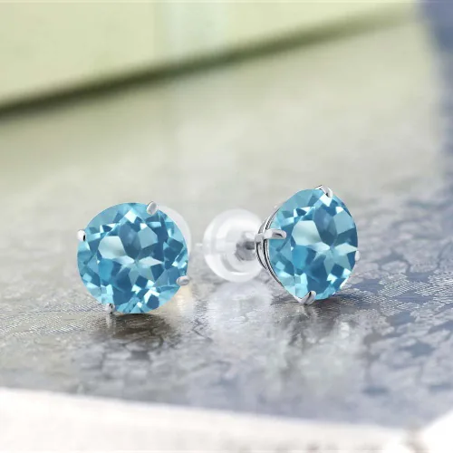 Miniatura 2 de Gem Stone King Aretes de oro blanco sólido de 14 quilates con piedra natal redonda de 0.315 in Aretes de oro con respaldo cómodo para mujer