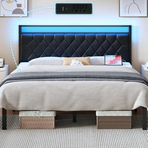 Miniatura 8 de Base de cama individual con estación de carga, luz LED y cabecera tapizada de piel sintética, base de cama de plataforma con almacenamiento debajo