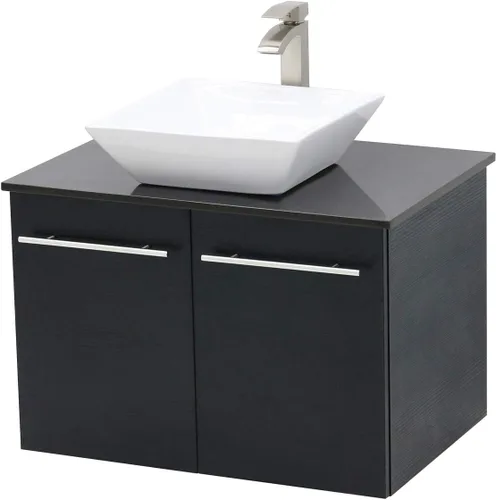 Juego de lavabo flotante para montaje en pared, tocador negro, encimera de piedra plana negra, fregadero de cerámica - 24 pulgadas