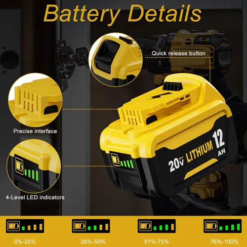 Miniatura 4 de 2 Pack 12.0Ah Extended Runtime Lithium Battery Replacement for Dewalt 20V Max Battery Compatible with Dewalt 20 Volt Battery DCB206 DCB207 DCB204