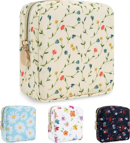 Miniatura 36 de izuzta Bolsa de maquillaje pequeña de nylon para bolso, linda bolsa de cosméticos con cremallera, bolsa de maquillaje preppy, Azul, Mini 2-Azul