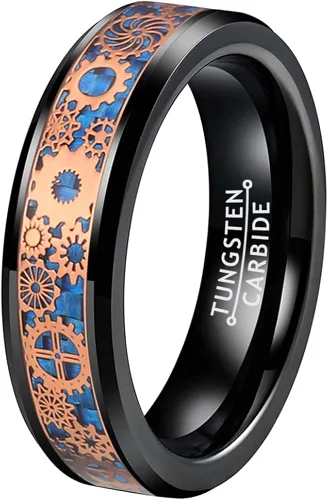 Wow Jewelers - Anillo de tungsteno de 6 mm y 8 mm color negro, plateado, rojo y azul para hombres y mujeres, anillos de matrimonio estilo Steampunk