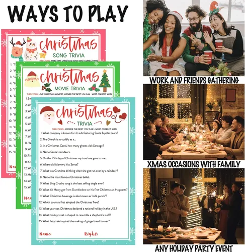Miniatura 3 de KMLIFE 63 tarjetas de juego de trivia de Navidad, 3 temas, actividades de adivinanzas navideñas para adultos, familias, amigos, niños, grupos