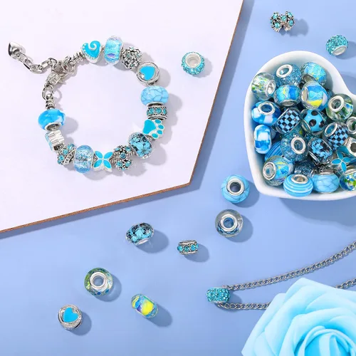 Miniatura 2 de 80 piezas surtidas de cuentas europeas de agujero grande, cuentas de vidrio espaciadoras, cuentas de diamantes de imitación, dijes de metal macramé