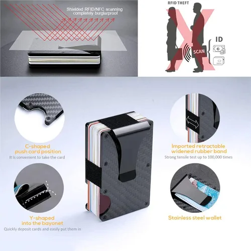 Miniatura 6 de Lywencom Billetera de fibra de carbono, bloqueo RFID tarjeta antirrobo ultra delgada titular de crédito en efectivo negro, clip de dinero de metal