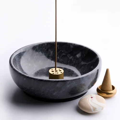 Miniatura 7 de Cuenco de incienso de mármol con quemador de latón – Quemador de incienso de piedra pulida a mano natural para palos, conos, palo, santo y salvia