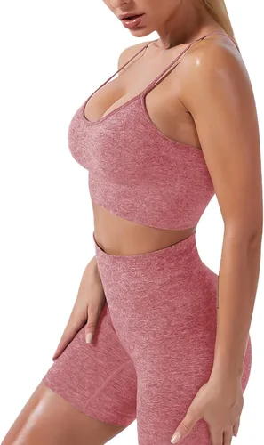 Miniatura 3 de Conjunto de yoga para mujer sin costuras pantalones cortos de ejercicio de cintura alta con brasier deportivo 3 piezas conjunto deportivo