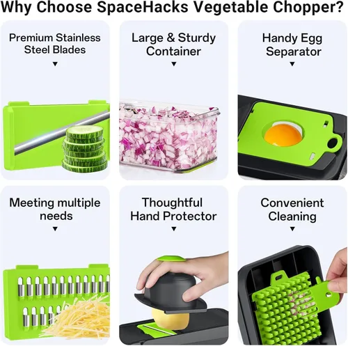 Miniatura 3 de SpaceHacks Picador de verduras 12 en 1, utensilios de cocina con 7 cuchillas, para verduras, alimentos, picador de cebolla, cortador de pepino, Verde