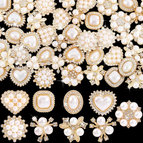 Miniatura 9 de HINZIC 40 piezas de botones de diamantes de imitación de perlas, broches de flores, adornos dorados y plateados, dijes decorativos de boda