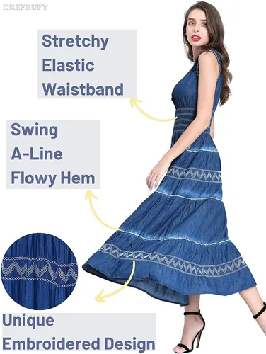 Miniatura 2 de DREFBUFY - Vestido largo para verano, sin mangas, acampanado, de mezclilla y algodón, azul, estilo casual y bohemio, para mujer